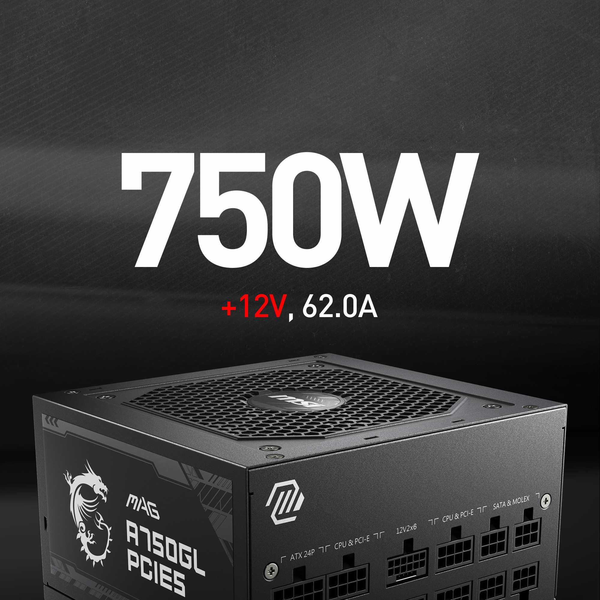 MSI - MAG A750GL PCIE 5.0, 80 GOLD Fully Modular Gaming PSU, 12VHPWR Cable,  ATX 3.0 Compatible, 750W Power Supply